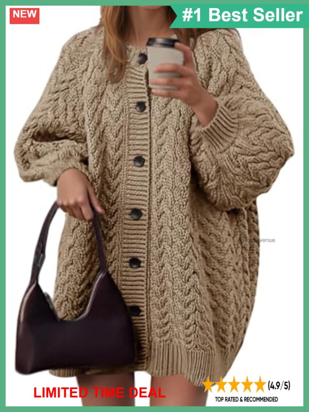 Cable Knit Cardigan Womens Oversized Chunky Button Down Lantern Sleeve Sweater